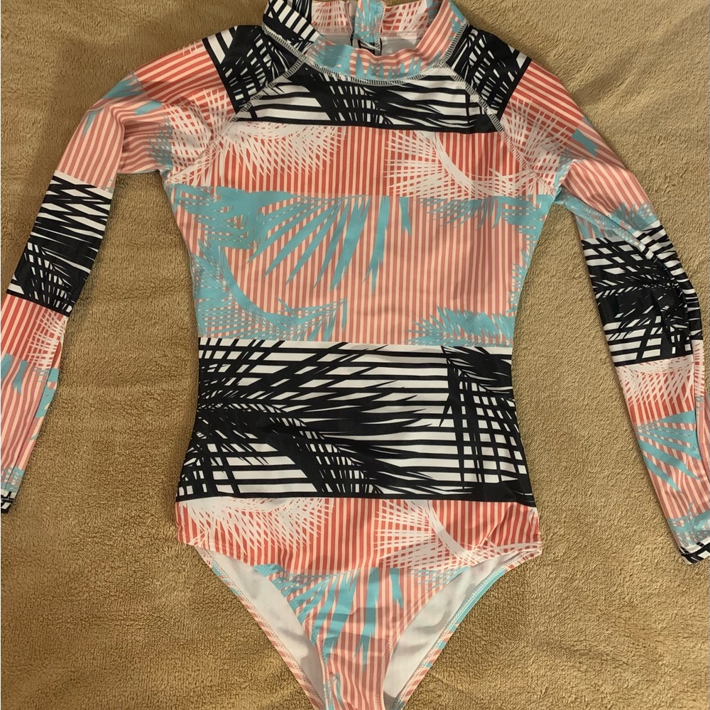 Tropical Print Long Sleeve One Piece Swimsuit